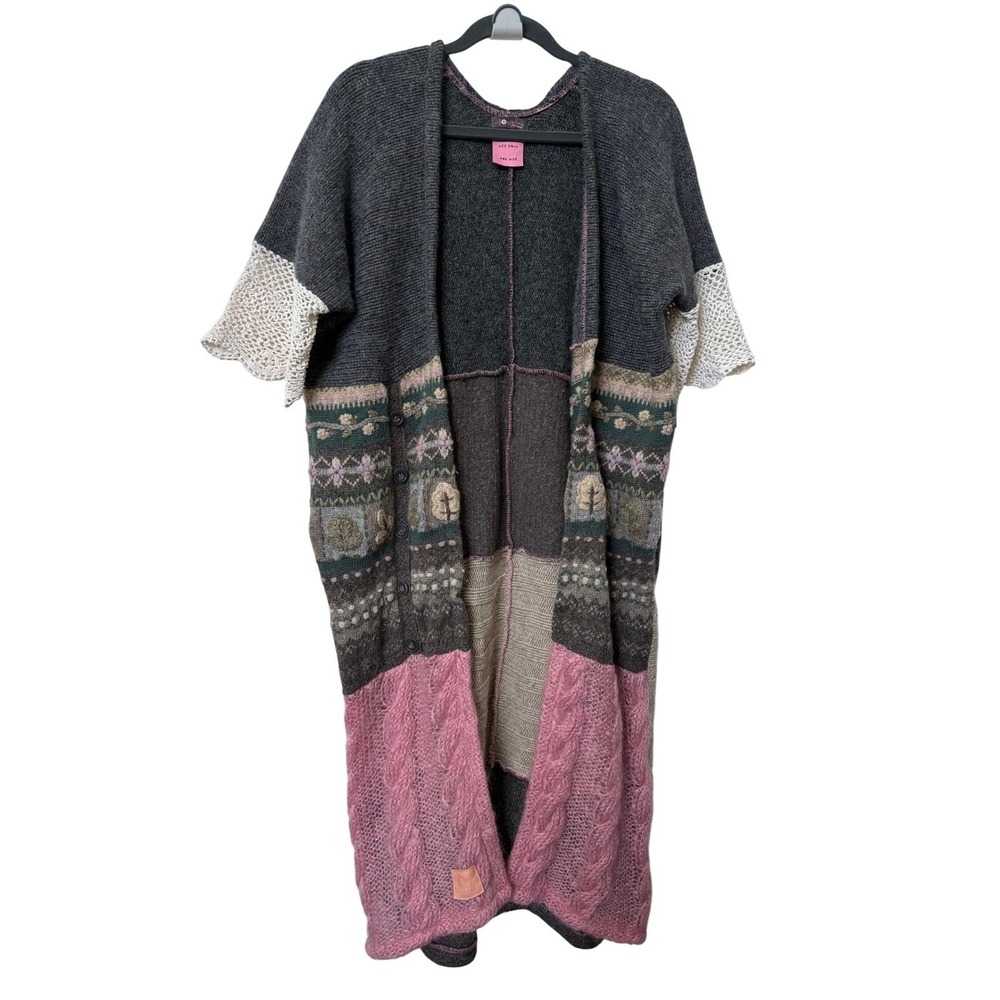 Honeybea Handmade Recycled Wool Patchwork Duster Cardigan Grey Pink One Size